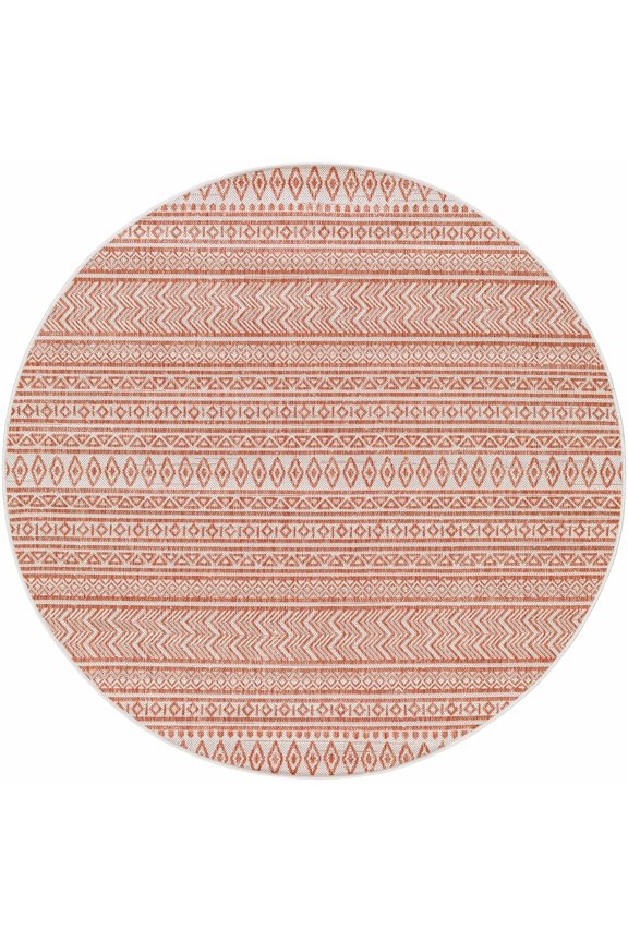 BoutiqueRugs Howie Moroccan Geometric Zig Zag Area Rug - Southwestern Trellis Carpet for Living Room, Patio, Terrace - Outdoor Safe - Peach, Orange, Cream - 6'7" Round