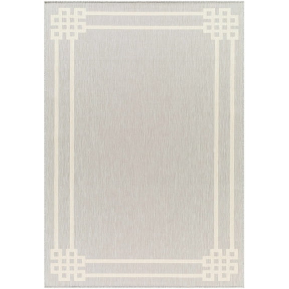 BoutiqueRugs Ilori Light Gray Bordered Area Rug - Outdoor Safe - Light Gray, Eggplant, Cloud Gray - 5'3" x 7'