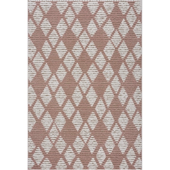BoutiqueRugs Indulang Bohemian, Transitional Area Rug - Outdoor Safe - Dusty Pink, Off White, Tan - 6'7" x 9'