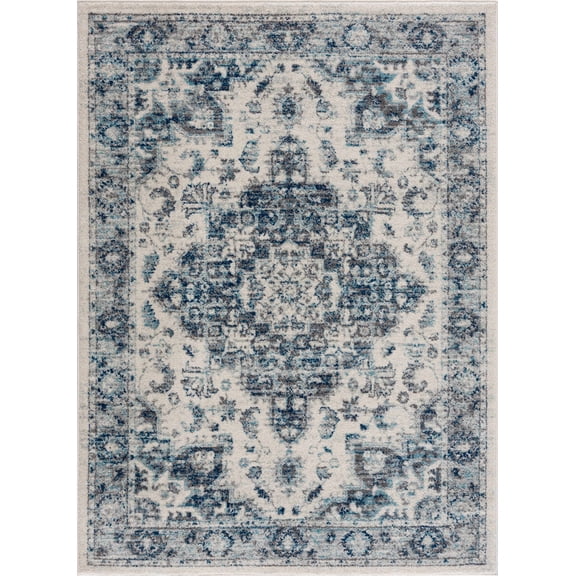 BoutiqueRugs Ivory Medallion Traditional 6x9 Area Rug Silver Gray Defi Living Room Bedroom Dining Room Home Office Apartment 6'7" x 9' Stain Resistant Non-Shedding Pet Friendly