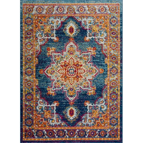 BoutiqueRugs Istanbul Farmhouse Area Rug - Navy, Aqua - 5'3" x 7'3"