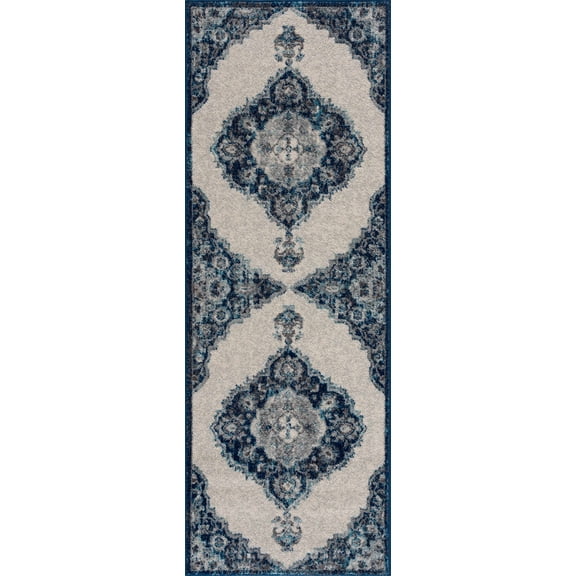 BoutiqueRugs Istanbul Farmhouse Runner Rug - Ivory, Navy - 2'7" x 7'3" Runner