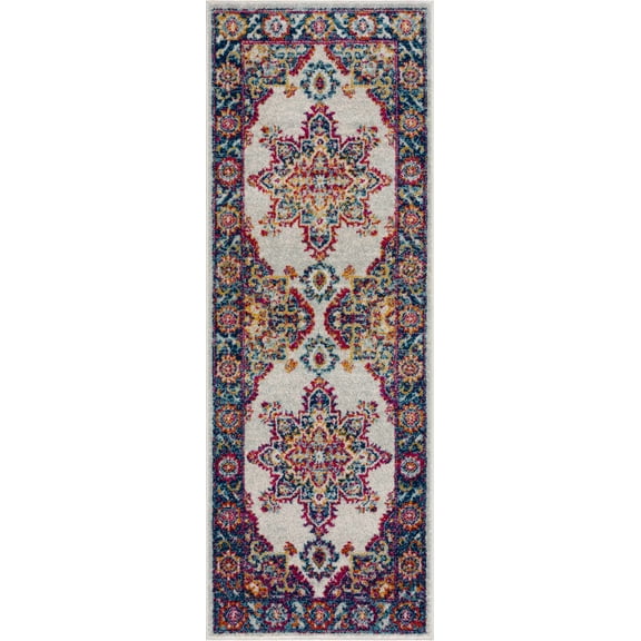 BoutiqueRugs Istanbul Farmhouse Runner Rug - Ivory, Navy, Aqua - 2'7" x 7'3" Runner
