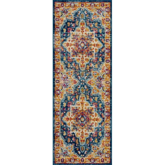BoutiqueRugs Istanbul Farmhouse Runner Rug - Navy, Gold - 2'7" x 7'3" Runner