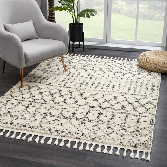BoutiqueRugs Kibureau Boho Moroccan Geometric Shag Runner Rug - High Pile Super Soft Carpet with Tassels for Hallway - Charcoal, Beige - 2'7" x 7'3" (2x8)