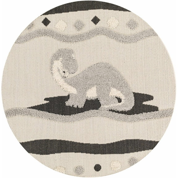 BoutiqueRugs Kids Collection Arisa Dinosaur Animal Design Area Rug for Nursery, Playroom, Toddler Room - Outdoor Safe Kids Round Rug - Nursery Rug - Charcoal, Black, Ivory - 3'11" Round