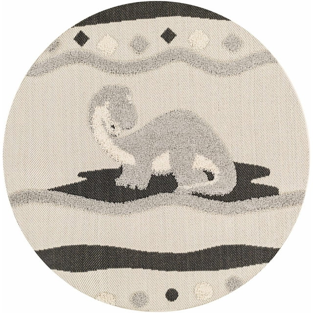 BoutiqueRugs Kids Collection Arisa Dinosaur Animal Design Area Rug for Nursery, Playroom, Toddler Room - Outdoor Safe Kids Round Rug - Nursery Rug - Charcoal, Black, Ivory - 7'10" Round