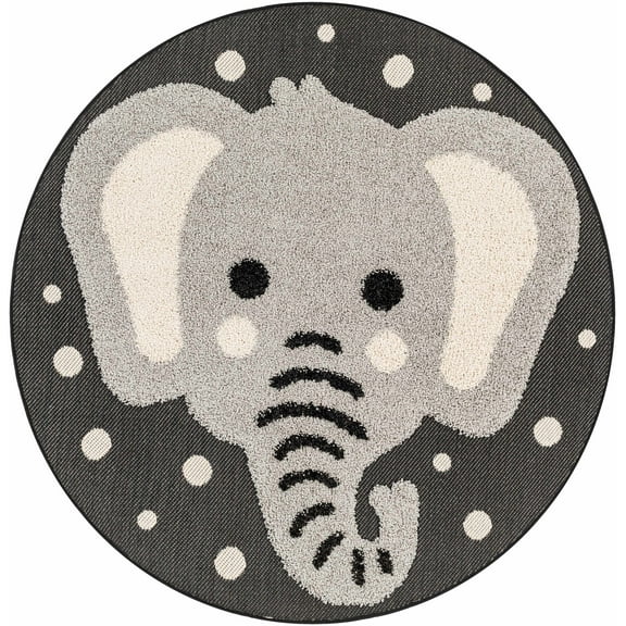 BoutiqueRugs Kids Collection Rida Elephant Animal Design Area Rug for Nursery, Playroom, Toddler Room - Outdoor Safe Kids Round Rug - Nursery Rug - Charcoal, Ivory, Black - 7'10" Round