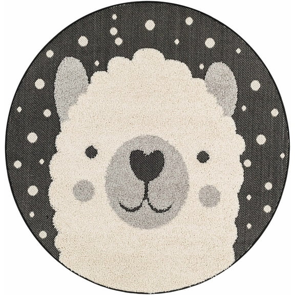 BoutiqueRugs Kids Collection Vita Llama Animal Design Area Rug for Nursery, Playroom, Toddler Room - Outdoor Safe Kids Round Rug - Nursery Rug - Black, Charcoal, Ivory - 5'3" Round