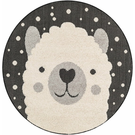 BoutiqueRugs Kids Collection Vita Llama Animal Design Area Rug for Nursery, Playroom, Toddler Room - Outdoor Safe Kids Round Rug - Nursery Rug - Black, Charcoal, Ivory - 3'11" Round