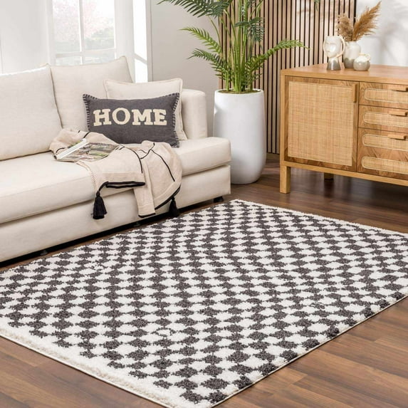 BoutiqueRugs Kieu Black and White Checkered Shag Rug - High Pile Fluffy Shag Carpet for Hallway, Nursery, Playroom, Girls Boys Room - Black, White - 6'7" x 9' (6x9)