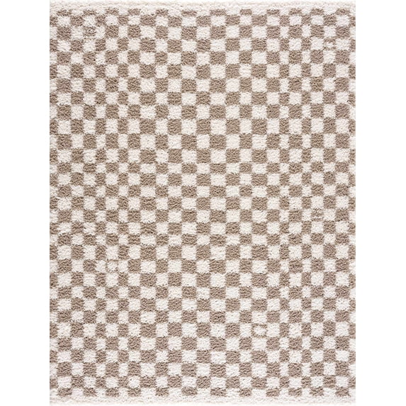 BoutiqueRugs Kieu Modern Checkered Extra Large Shag Rug - High Pile Fluffy Shag Carpet for Hallway, Nursery, Playroom, Girls Boys Room - Light Gray, Taupe, Cloud Gray - 8'10" x 12' (9x12)