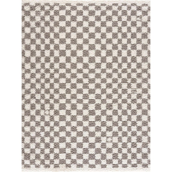 BoutiqueRugs Kieu Modern Checkered Shag Rug - High Pile Fluffy Shag Carpet for Hallway, Nursery, Playroom, Girls Boys Room - Light Gray, Taupe, Gray - 5'3" x 7' (5x7)