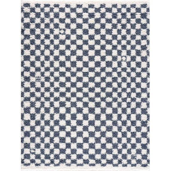 BoutiqueRugs Kieu Modern Checkered Shag Rug - High Pile Fluffy Shag Carpet for Hallway, Nursery, Playroom, Girls Boys Room - White, Blue - 7'10" x 10' (8x10)