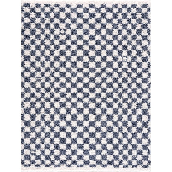 BoutiqueRugs Kieu Modern Checkered Shag Rug - High Pile Fluffy Shag Carpet for Hallway, Nursery, Playroom, Girls Boys Room - White, Blue - 2' x 3'