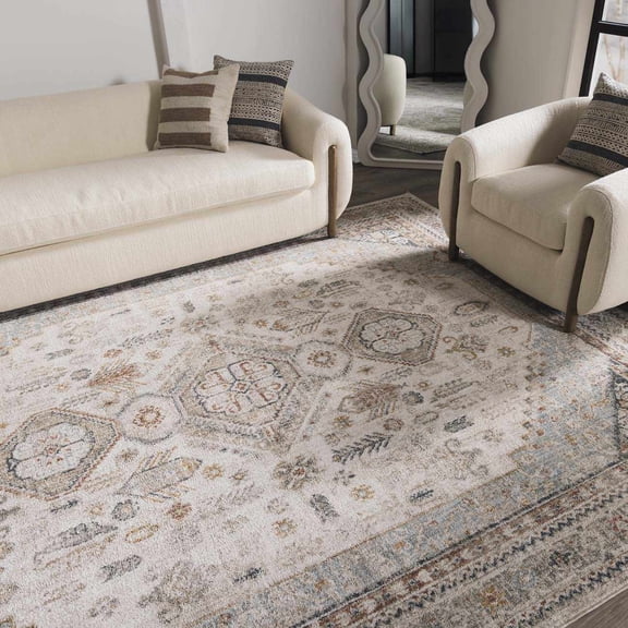 BoutiqueRugs Kouta Farmhouse Traditional Area Rug - Bordered Medallion Carpet for Living Room, Bedroom - Cream, Gray, Blue - 6'7" x 9'6" (6x9 Rug)