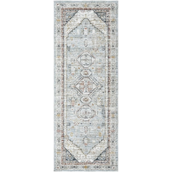 BoutiqueRugs Kouta Farmhouse Traditional Runner Rug - Bordered Medallion Carpet for Hallway, Kitchen - Gray, Blue - 2'7" x 7'3" (2x8 Runner)