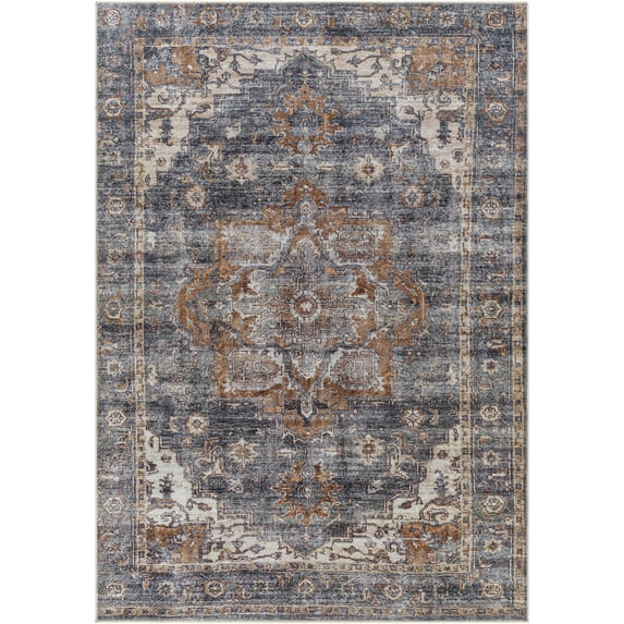Boutique Rugs Lagangilang Vintage Traditional Medallion Area Rug - Oriental Floral Performance Carpet for Living Room, Bedroom - Machine Washable - Rust, Blue, Gray- 2' x 2'11"