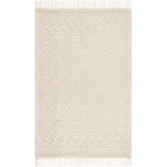 BoutiqueRugs Leonardtown Boho Hand Woven Wool High Low Textured Area Rug - Farmhouse Trellis Pattern with Tassel Carpet for Living Room - Ivory, Cream, Light Peach - 5' x 7'6" (5x8 Area Rug)