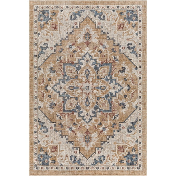 BoutiqueRugs Lewa Traditional Area Rug - Outdoor Safe - Metallic Gold, Ivory, Navy - 6'7" x 9'