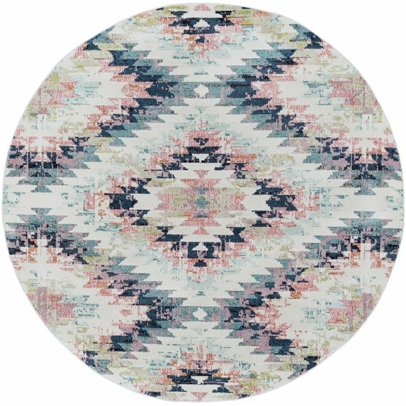 BoutiqueRugs Lewisberry Bohemian Southwestern Colorful Area Rug - Tribal Diamond Boho Carpet for Living Room, Bedroom - Pink, Blue, Cream - 5'3" Round