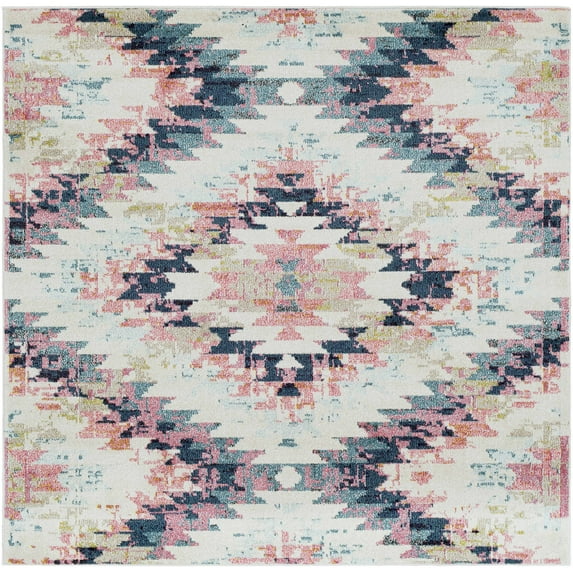 BoutiqueRugs Lewisberry Bohemian Southwestern Colorful Area Rug - Tribal Diamond Boho Carpet for Living Room, Bedroom - Pink, Blue, Cream - 6'7" Square