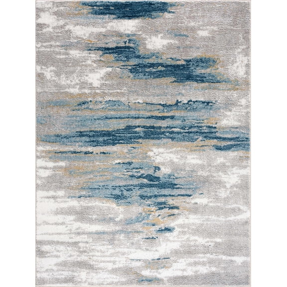 BoutiqueRugs Gray Abstract Contemporary 8x10 Large Area Rug Off White Navy Light Blue Mustard Live Great Room Open Concept Master Bedroom Large Dining Room 7'10" x 10' Stain Resistant Non-Shedding