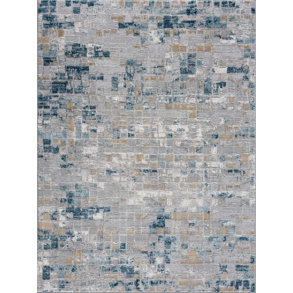 BoutiqueRugs Liverpool Modern Checkered Area Rug - Contemporary Checkered Carpet for Living Room - Blue, Gray, Mustard - 6'7" x 9' (6x9)