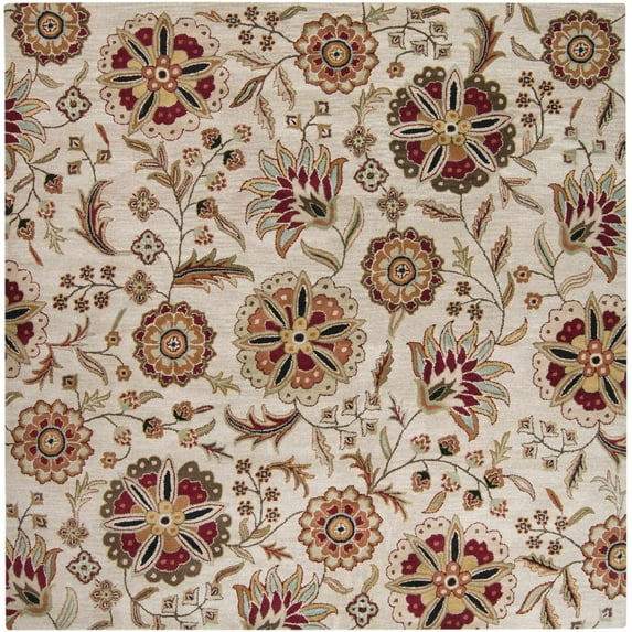 BoutiqueRugs Longford Boho Hand Tufted Wool Natural Fiber Soft Area Rug - Traditional Floral Carpet for Living Room, Bedroom, Dining Room - Red, Beige, Cream - 4' Square Rug