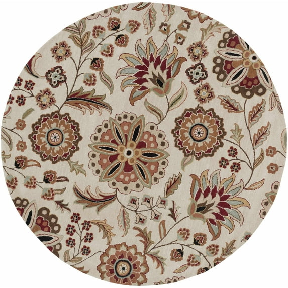 BoutiqueRugs Longford Boho Hand Tufted Wool Natural Fiber Soft Area Rug - Traditional Floral Carpet for Living Room, Bedroom, Dining Room - Red, Beige, Cream - 6' Round Rug