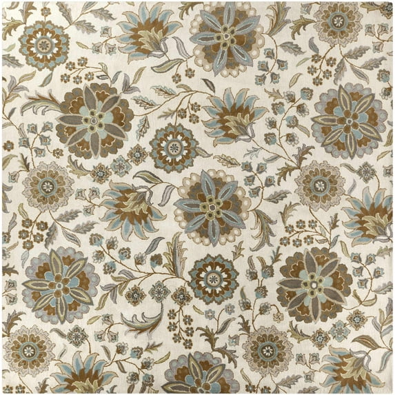BoutiqueRugs Mack Boho Hand Tufted Wool Natural Fiber Soft Area Rug - Traditional Floral Carpet for Living Room, Bedroom, Dining Room - Cream, Blue, Sage - 6' Square Rug
