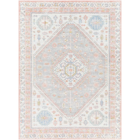 BoutiqueRugs Maha Traditional Area Rug - Machine Washable - Ivory, Plum, Medium Gray - 6'7" x 9'