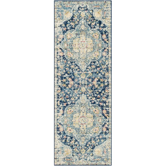 BoutiqueRugs Mallacoota Oriental Medallion Runner Rug - Farmhouse Traditional Floral Carpet for Hallway, Kitchen - Navy, Sky Blue, Dark Pink - 2'7" x 7'7" (2x8)