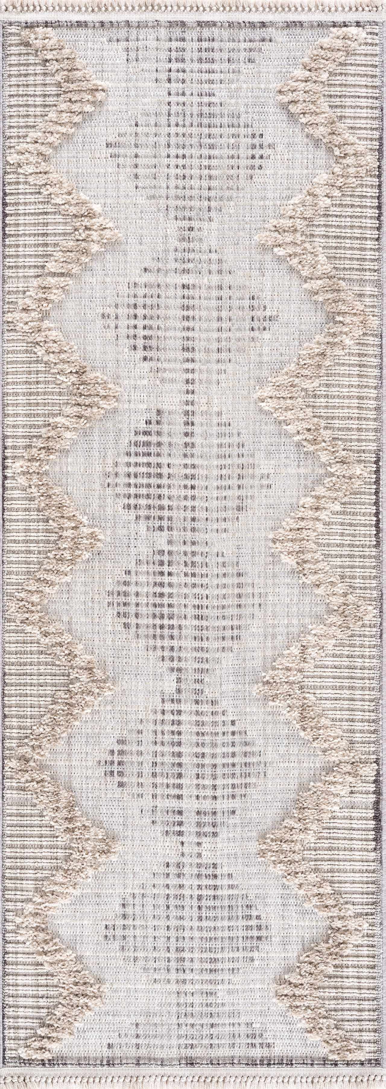 BoutiqueRugs Maulawin Farmhouse High Low Textured Shag Runner Rug - Boho Moroccan Geometric Carpet for Hallway, Kitchen - Charcoal, Cream, Peach - 2'7" x 7'3" (2x8)