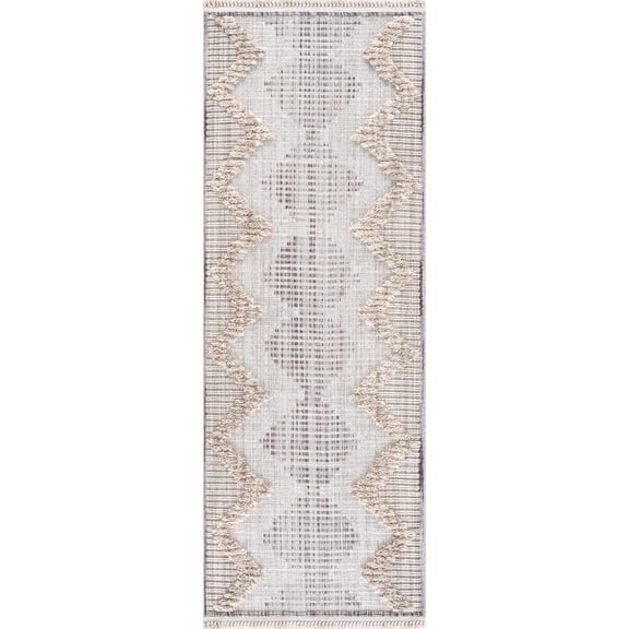 BoutiqueRugs Maulawin Farmhouse High Low Textured Shag Runner Rug - Boho Moroccan Geometric Carpet for Hallway, Kitchen - Charcoal, Cream, Peach - 2'7" x 7'3" (2x8)