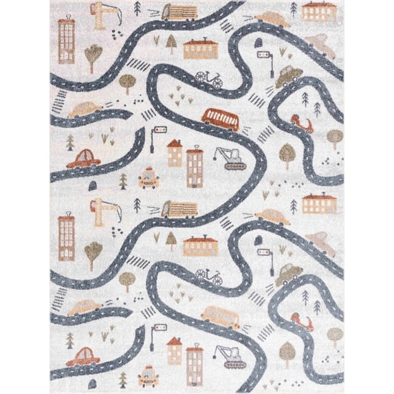 BoutiqueRugs Mave Road Rug for Kids, Toddler Room, Nursery, Playroom, Classroom- Machine Washable - Cream, Red, Blue, Gray - 6'7" x 9'