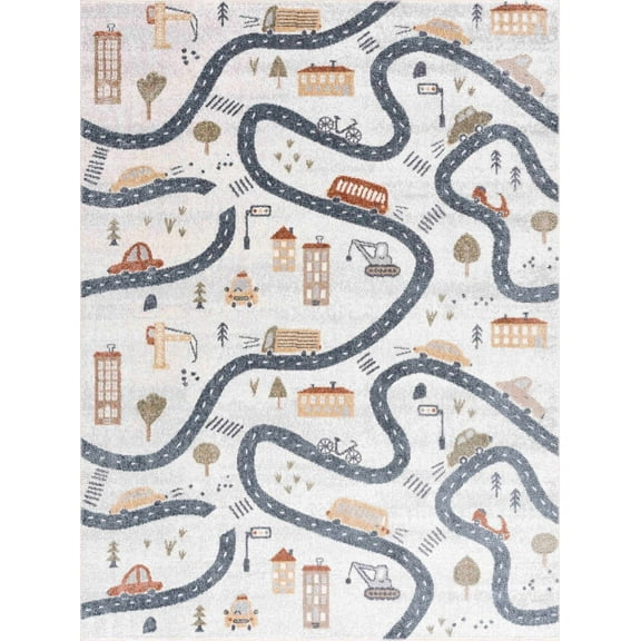 BoutiqueRugs Mave Road Rug for Kids, Toddler Room, Nursery, Playroom, Classroom- Machine Washable - Cream, Red, Blue, Gray - 9'2" x 12'
