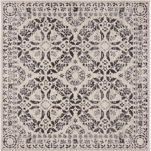 BoutiqueRugs Megargel Boho Oriental Medallion Extra Large Area Rug - Farmhouse Black and White Neutral Carpet for Bedroom, Living Room, Dining Room - Charcoal, Black, Cream - 5'3" Square