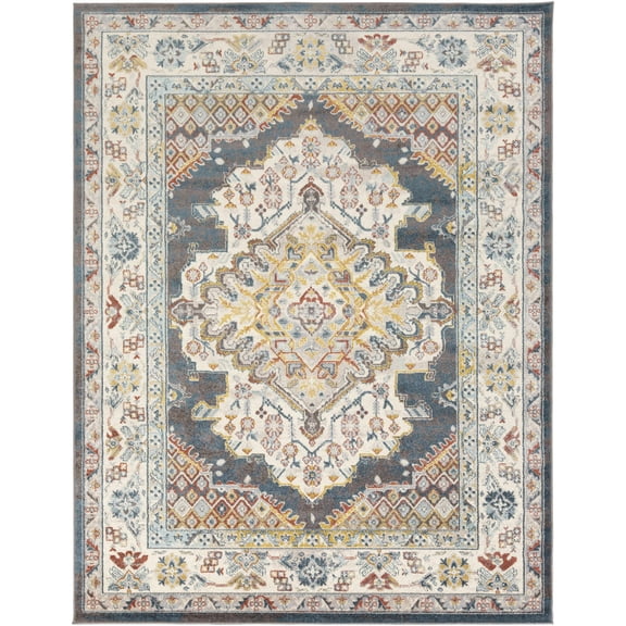 BoutiqueRugs Millican Traditional Area Rug - Dark Brown, Mustard, Ice Blue - 7'10" x 10'2"