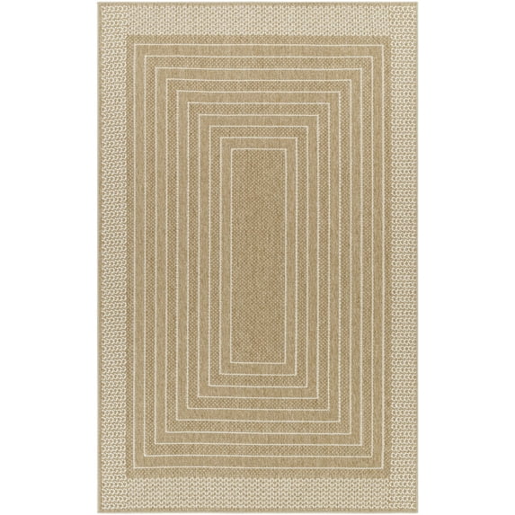 BoutiqueRugs Mopsa Geometric Bordered Area Rug - Modern Minimalist Striped Carpet for Living Room, Patio, Terrace - Outdoor Safe - Beige, Tan, White - 7'10" Round