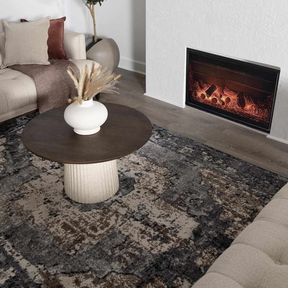 BoutiqueRugs Newalla Medium Pile Medallion Area Rug - Camel, Charcoal, Dark Brown - 18" x 18" Sample