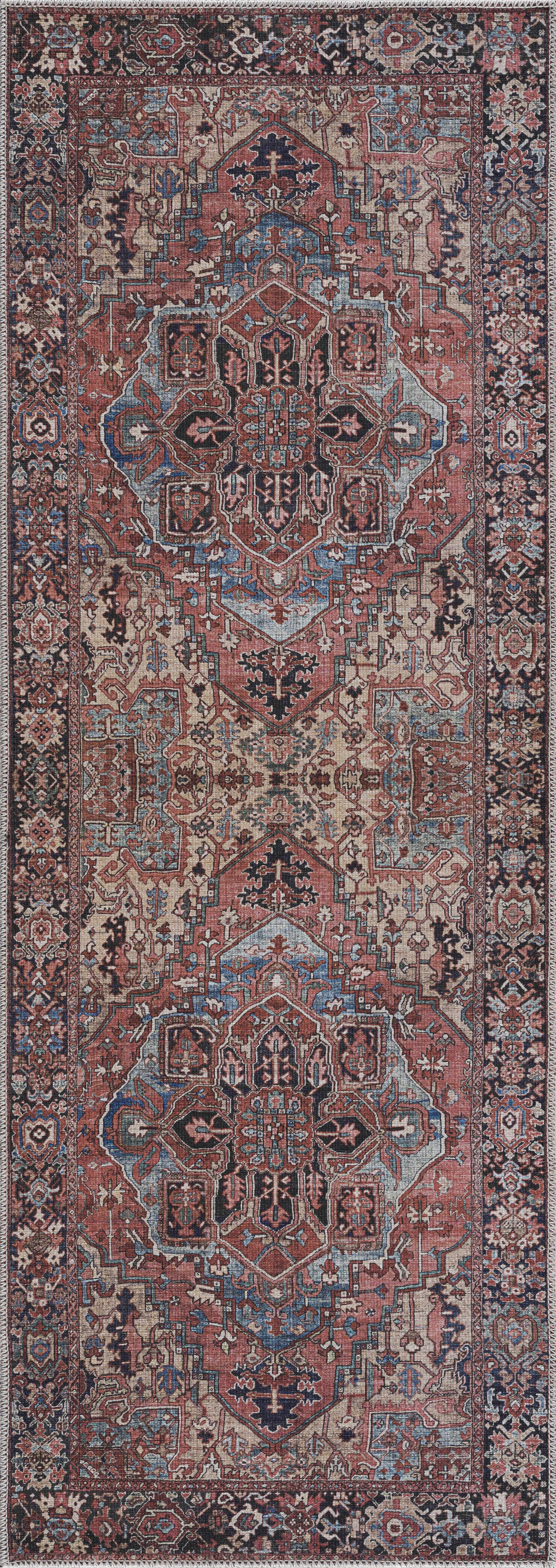 BoutiqueRugs Neyland Washable Runner Rug - Bright Red, Navy, Peach - 2'6" x 7'6" Runner