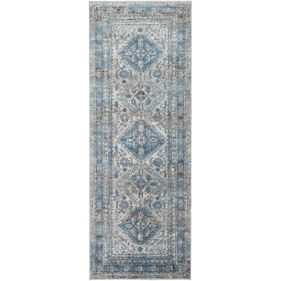 BoutiqueRugs Nisula Traditional Runner Rug - Light Gray, Charcoal, Blue - 2'7" x 16' Runner