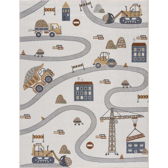 BoutiqueRugs Olwen Road Rug for Kids, Toddler Room, Nursery, Playroom, Classroom- Machine Washable - Cream, Blue, Yellow - 7'10" x 10'