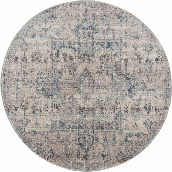 BoutiqueRugs Orrick Oriental Boho Vintage Area Rug - Farmhouse Traditional Patterned Carpet for Living Room, Bedroom - Pale Blue, Aqua, Cream, Brown - 7'10" Round