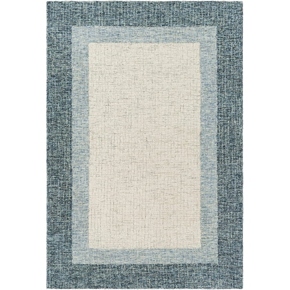 BoutiqueRugs Padada Bordered Navy Wool Area Rug - Navy, Teal, Pale Blue - 6' x 9'