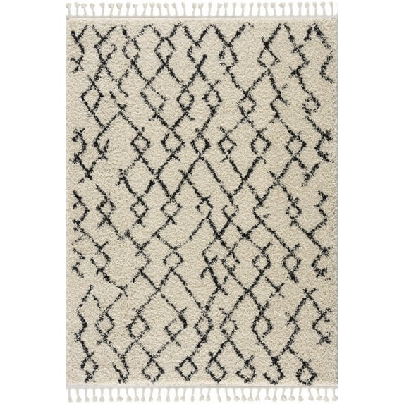 BoutiqueRugs Pahala Boho Moroccan Geometric Shag with Tassels for Living Room, Bedroom - Charcoal, Cream - 6'7" x 9' (6x9)