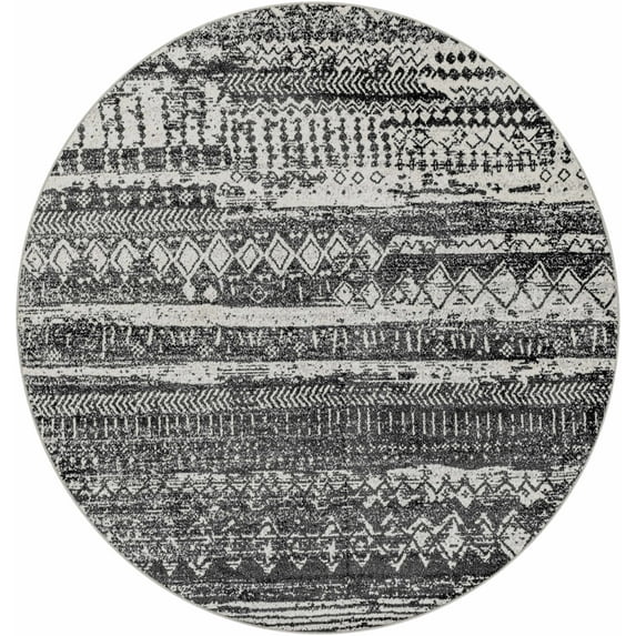 BoutiqueRugs Palali Bohemian, Transitional Area Rug - Machine Washable - Black, Gray, Light Gray - 6'7" Round