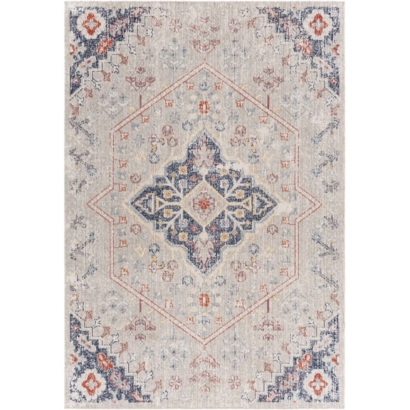 BoutiqueRugs Papineauville Bohemian, Transitional Area Rug - Outdoor Safe - Light Gray, Navy, Red - 5'3" x 7'