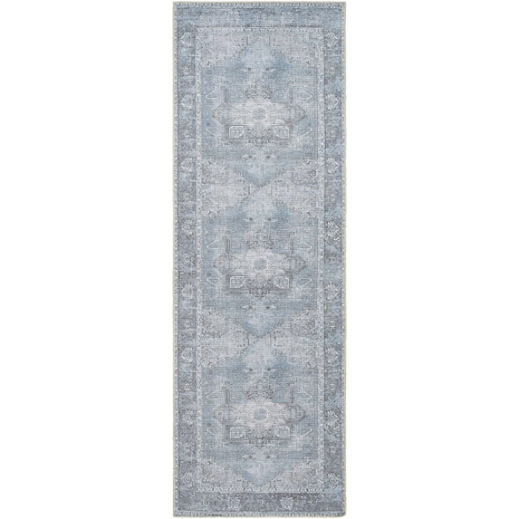 BoutiqueRugs Pays Blue Distressed Runner Rug - Machine Washable - Sky Blue, Antrasit, Gray - 2'7" x 10' Runner